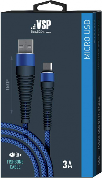 Дата-кабель BoraSCO USB - Micro USB, 3А, 1м, Fishbone, в нейлоновой оплетке, витой, темно-синий фото 2